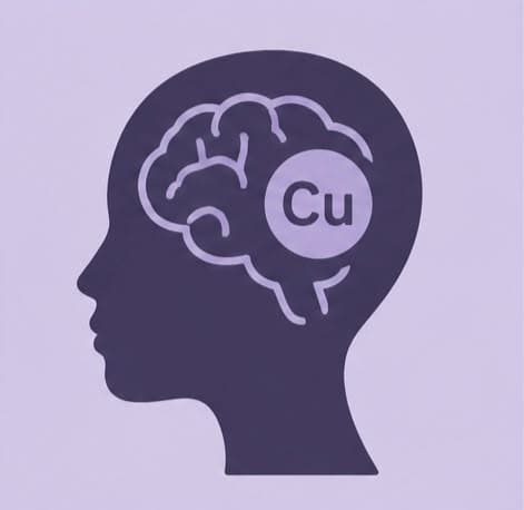 Silhouette of a head with a brain and the copper symbol Cu