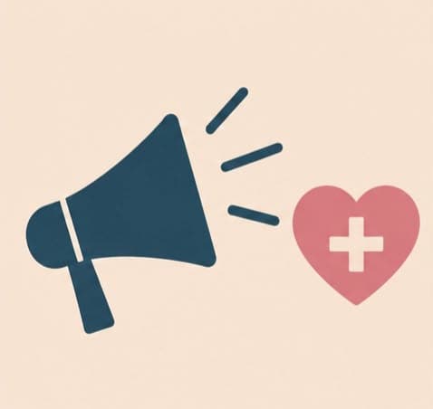 Megaphone beside a heart with a medical cross